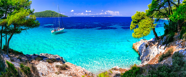 Greg Berryman and SY Alegria at anchor off Skopelos island Greece